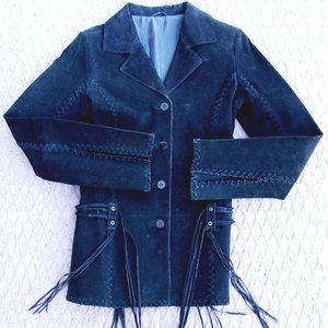 JACKET  SUEDE  BLACK   LINED  4 BUTTONS  BELTED  STITCHED  TIGHT FIT  SMALL